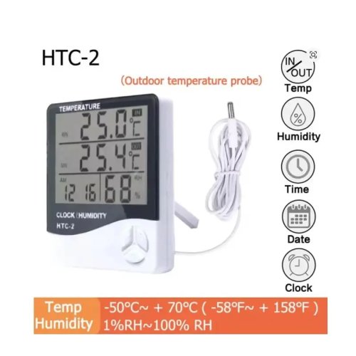 LCD-Temperatur- und Hygrometer HTC-2/HTC-1 – Innen-/Außen-Wetterstation mit Uhr