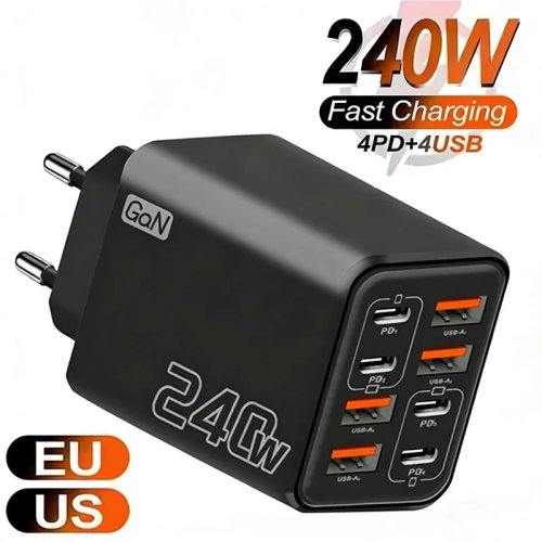 Зарядний пристрій GaN 240W USB-C 8 в 1 — мультипортовий адаптер швидкої зарядки для iPhone, Samsung, Xiaomi (штекери EU/US)