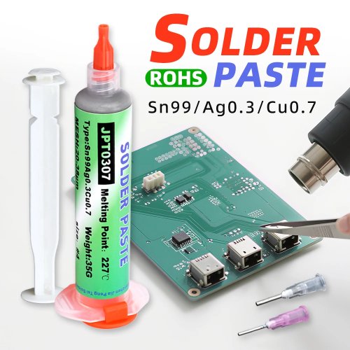 ครีมบัดกรีปลอดสารตะกั่ว ทนความร้อนสูง Sn99Ag0.3Cu0.7 แบบท่อยิงเข็ม – หัวจ่ายละเอียดสำหรับซ่อมพอร์ต USB ของโทรศัพท์และบัดกรี LED
