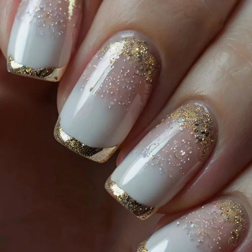 2026 New Milky White Press‑On Nails — Trapezoid French Style with Gold Foil, Broken Glitter & Gold Edge