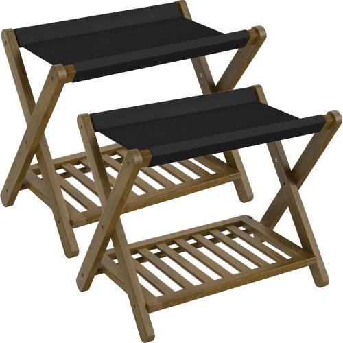 Porte-bagages en bambou pliable avec étagère, lot de 2, couleur noyer