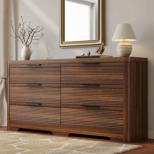 Geriffelte Kommode mit 6 Schubladen – moderne Holzkommode für Schlafzimmer / TV-Board, verdicktes geschwungenes Profil
