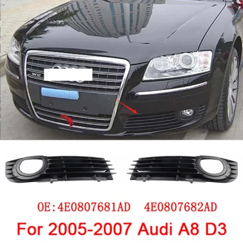 Embellecedor inferior/rejilla de faro antiniebla ABS negro para paragolpes delantero Audi A8 D3 2005-2007 (4E0807681AD / 4E0807682AD)