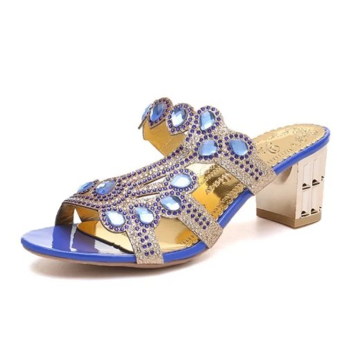2026 New Women's Luxury Summer Sandals — Chunky Heel with Waterdrop Rhinestones, Breathable Cool Slippers, Sizes EU 34–42