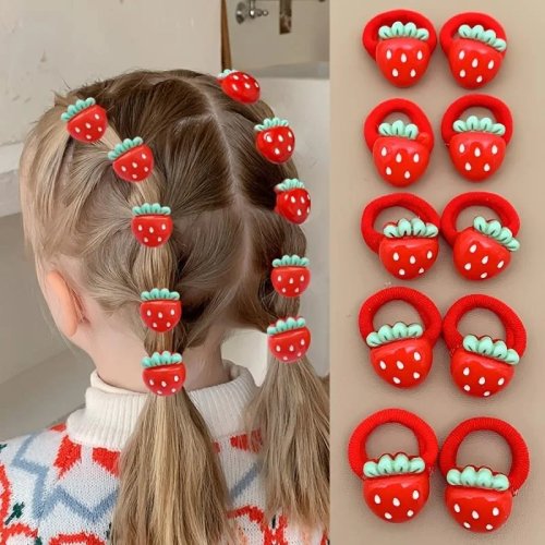 子供用 いちごヘアゴム 10個セット 女の子向け 緑の葉付き かわいいポニーテール用ゴム