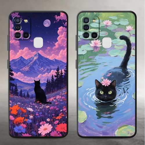 Samsung Galaxy A70/A06/A50/A05/A15/A16/A40/A04/A13/A20/A17/A12 phone case — cartoon night-sky cat design, compatible cover