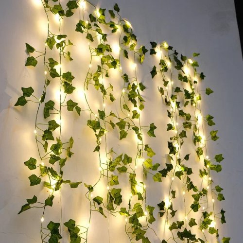 Battery-powered flower & green leaf string lights — artificial vine fairy lights garland for wedding, Christmas and home decor