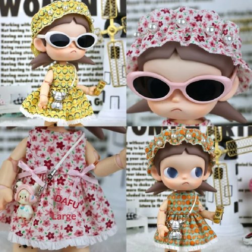 Conjunto de roupa para boneca 1/8 – Vestido bebé floral 3 peças com acessório de cabeça e ursinho (Apenas roupa, boneca não incluída)
