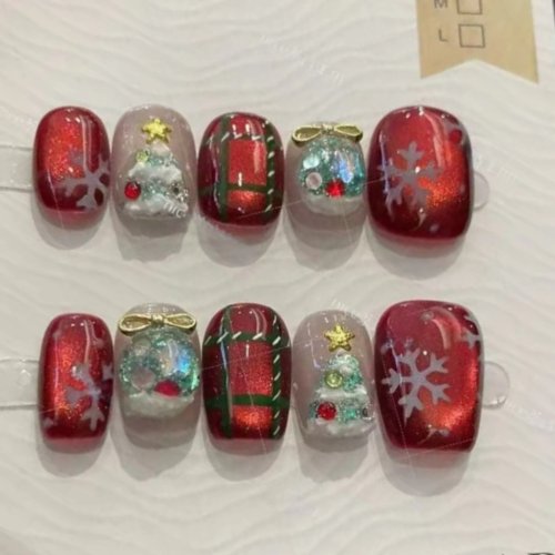 10 unid. Unhas postiças press-on feitas à mão – Natal, curtas, vermelhas com efeito cat eye, quadradas/redondas, com floco de neve e árvore