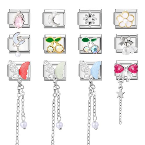 Italienische Charm‑Links mit Zirkon – Mond, Kirsche, Schleife, Schmetterling, Herz & Stern, für 9 mm Armband, Edelstahl, DIY Schmuckzubehör, Geschenk