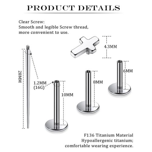 Piercing cartilage 16G titane G23 en croix — filetage interne, dos plat pour tragus/conque/helix