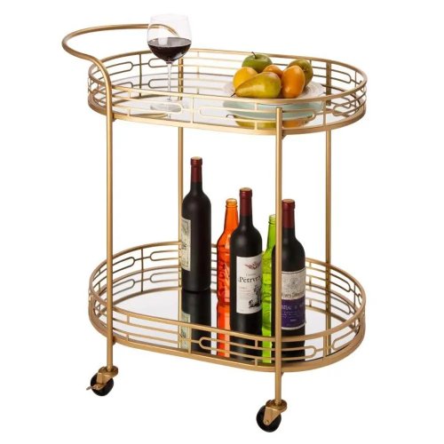 Owalny złoty wózek barowy wys. ok. 78 cm (30,75") - 2 poziomy, lustrzana szklana półka, metalowa rama, 4 kółka, wózek do serwowania do kuchni i salonu