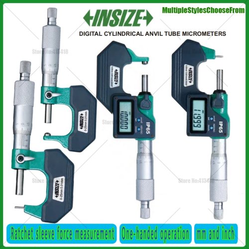 Cyfrowy mikrometr do rur INSIZE 0–25 mm, rozdzielczość 0,001 mm — mikrometr z cylindrycznym kowadełkiem / głowicą bębnową do rur