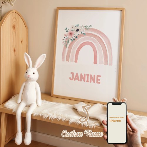 Cuadro lienzo personalizado con nombre - arcoíris rosa estilo caricatura para cuarto infantil