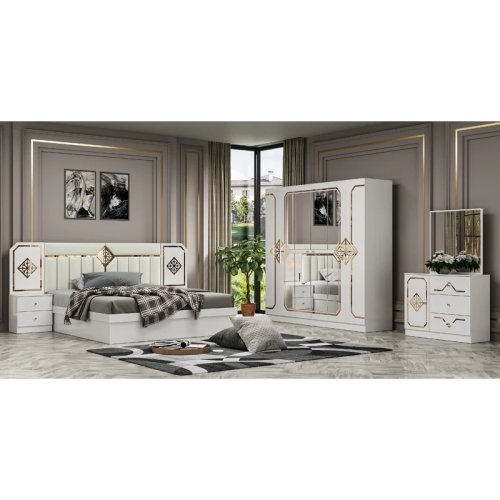 Juego de recámara moderno de lujo en madera – cama king/doble completa con base y muebles a juego