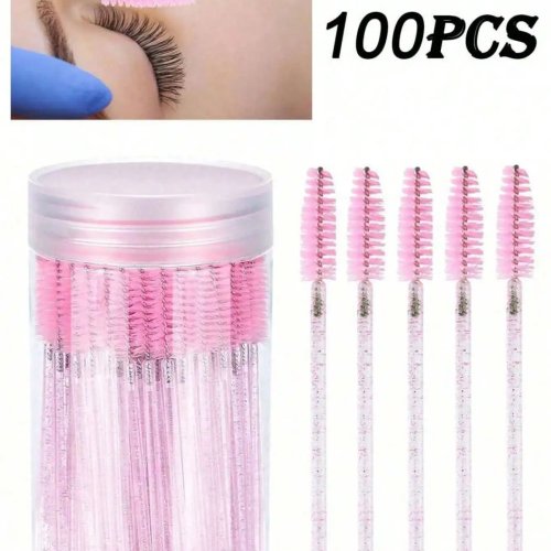 100/50/10/1 pcs Sikat Maskara Spoolie Sekali Pakai Warna Pink dengan Kotak Penyimpanan — Sikat alis & bulu mata yang dapat dibengkokkan, untuk extension, minyak jarak, eyeshadow