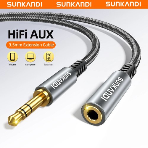 SUNKANDI 3.5mm Male-to-Female Stereo Audio Extension Cable, Gold-Plated Connector for iPad, TV, Headphones