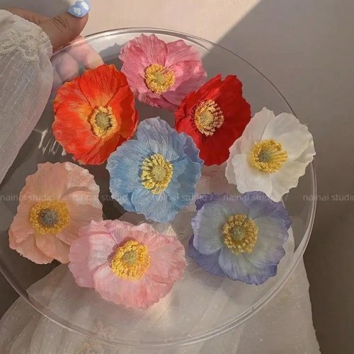 Jepit rambut bunga poppy, klip sisi bunga palsu gaya peri untuk poni — 1 buah