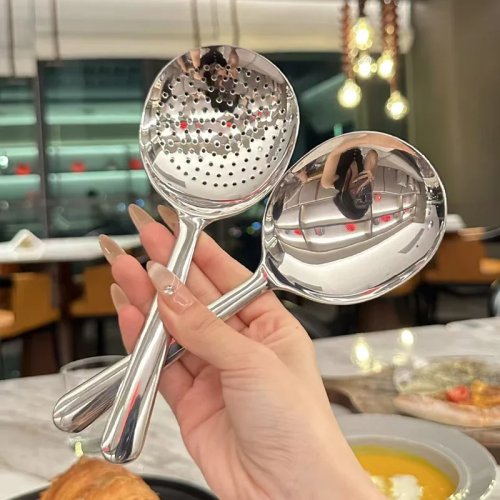 Louche/écumoire inox grande avec passoire — pour soupe et riz, usage professionnel, inox argenté, set d'ustensiles