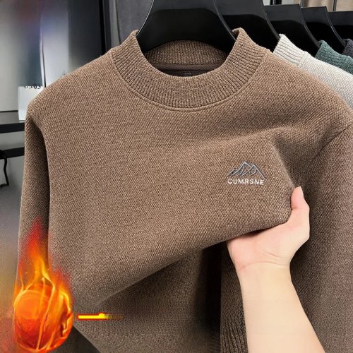 Herren Strickpullover mit hohem Kragen und Kunst-Hasenfellkragen, lockere Passform, bestickt, warm