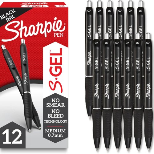 أقلام جل Sharpie S-Gel 0.7 مم (متوسط)، حبر أسود، جسم أسود، عبوة 12 قلم — للمدرسة والمكتب وتدوين الملاحظات