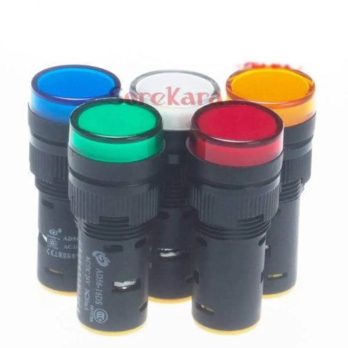 16mm panel-mount LED indicator light — 12V/24V DC & 110V/220V AC, colors: orange/red/white/blue/green