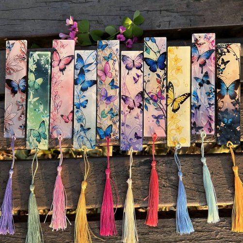 Paquete de 12 marcadores acrílicos con flores secas y borlas — marcapáginas para libros, regalo de papelería (colores de borlas surtidos)