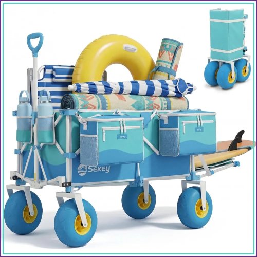 Carrello da spiaggia robusto con ruote anti-sabbia 9" – pieghevole 300 L con borsa termica e manico regolabile