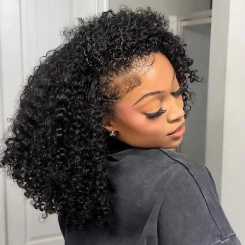 Media peluca sin pegamento, pelo humano kinky curly, 200% de densidad, clip-ins sin costuras, lista para usar