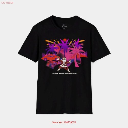 T-shirt Techno Santa «Rule the Beat» EDM motif néon, effet vintage lavé — Tee-shirt de fête pour amateurs de musique
