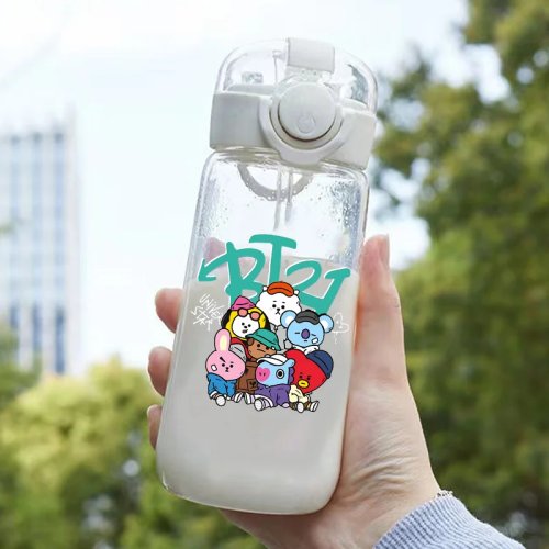 Gourde BT21 Cooky 400 ml en plastique transparent — Bouteille sport kawaii au design anime, idée cadeau