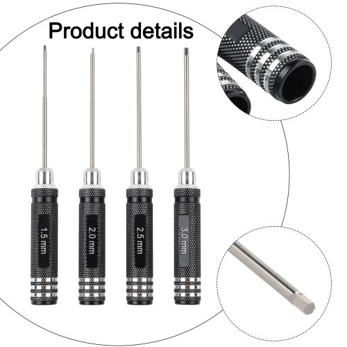 4-Piece Hex Screwdriver Set 1.5/2.0/2.5/3.0mm – Black Chrome-Vanadium Alloy Steel Tool Kit for RC Cars, Helicopters & Airplanes