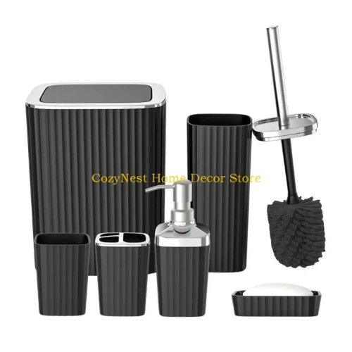 Set de baño moderno 6 piezas plástico — incluye dosificador de jabón, portacepillos y cubo de basura