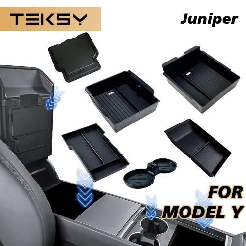 TEKSY กล่องเก็บของ + แผ่นซิลิโคนกันลื่น สำหรับ Tesla Model Y (2025-2026) — ออแกไนเซอร์คอนโซลและที่วางแขน ABS มีให้เลือก 1/2/3/4/6/7/8 ชิ้น