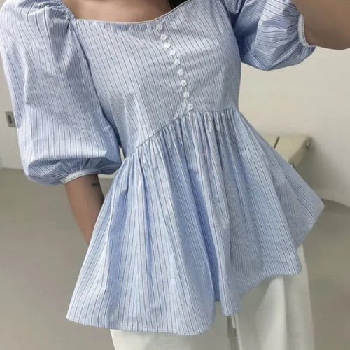 Áo nữ phong cách Hàn Quốc, tay bồng rộng, cổ vuông, eo rút tôn dáng — áo top mùa hè
