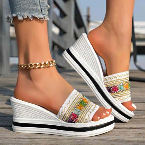 Sandali zeppa donna stile boho, punta aperta per la spiaggia, patchwork, suola antiscivolo, taglie comode