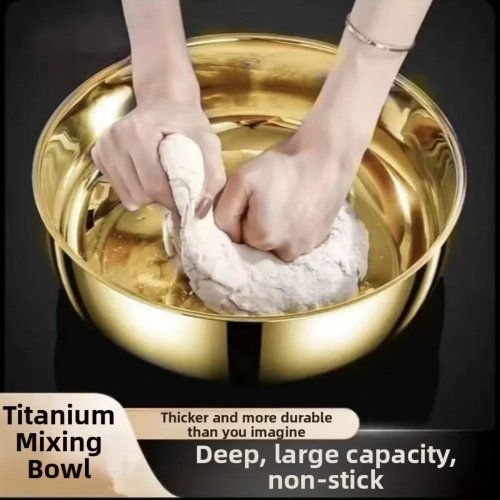 Stainless steel mixing bowl (no lid) — gold/silver, large capacity multi‑purpose bowl for soup, salad, dough