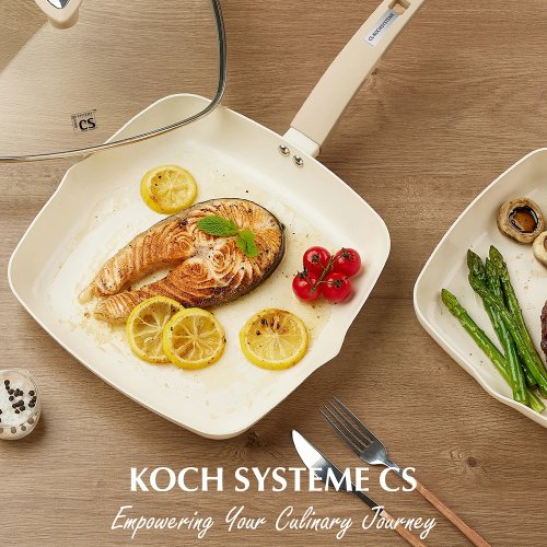 KOCH SYSTEME Nonstick Ceramic Square Grill Pan with Lid — 9.5/11 in (24/28 cm), Induction Compatible