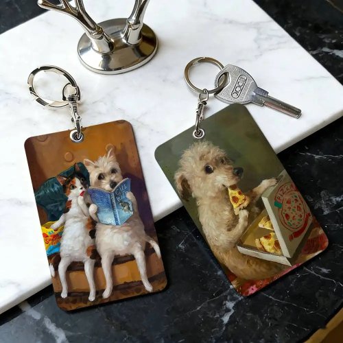 Porta‑chaves com porta‑cartões em pele sintética (PU) com estampa de animal estilo pintura a óleo, argola anti‑ferrugem, unissexo