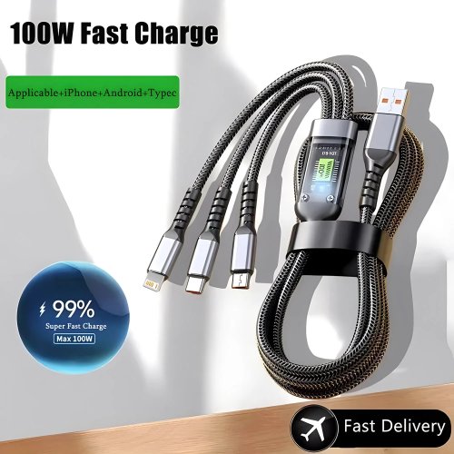 كابل شحن 3‑في‑1 100 واط شحن سريع، مضفر نايلون (USB‑C، Micro USB، Lightning)