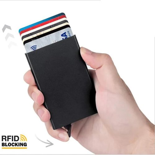 กระเป๋าใส่บัตรโลหะบาง กัน RFID แบบป็อปอัพ มินิมอล สีดำ