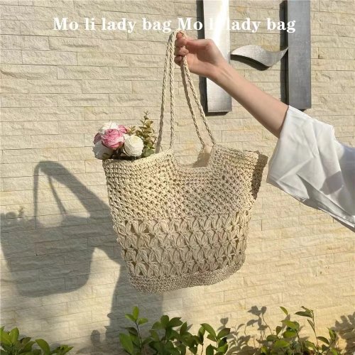 Sac seau en paille tressée grand format ajouré — Sac bandoulière femme fait main, grande contenance, idéal plage et vacances d'été