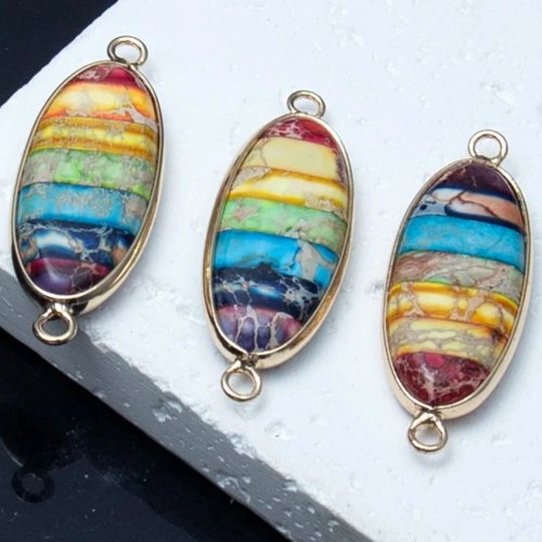 Conector de piedra natural oval 15x40 mm, doble agujero, piedra imperial colorida, 1 pz — para bisutería y DIY