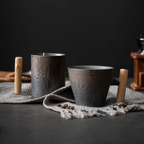 Set tazze da caffè stile giapponese‑nordico in ceramica grezza con manico in legno, grigio con bordo dorato, look retrò, grande capienza