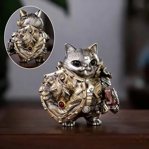 Magnetic detachable mechanical Persian cat charm with zircon — shield & mini-knife collectible ornament