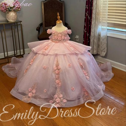Gaun flower girl warna pink untuk anak, tanpa lengan, aplikasi renda, tulle panjang hingga lantai, gaun pesta/ball untuk bayi & anak, cocok untuk pernikahan/ulang tahun, ukuran sesuai pesanan
