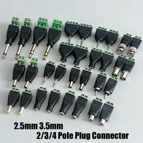 Conector jack 3.5 mm y 2.5 mm macho/hembra a terminal de tornillo — 2/3/4 polos, mono/estéreo, jack 1/8 inch para audífonos