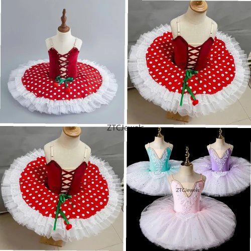 Tutu de danse classique rouge professionnel à pois et dentelle – Costume de ballerine fille & femme, spectacle/cosplay