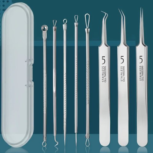 Kit 8 piezas para remover puntos negros en acero inoxidable — extractores de espinillas y comedones, kit profesional para todo tipo de piel