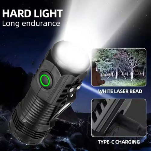Mini lanterna tática ultrapotente 3 LED recarregável, corpo metálico com clipe de caneta